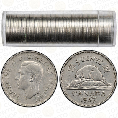 Canada 1937 Dot 5 Cents Nickel Coin - Circulated Roll of 40 Coins