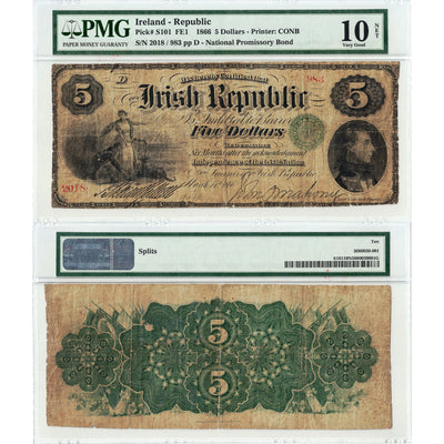 SOLD Ireland Republic 1866 $5 Five Dollars National Promissory Bond Note P #S101 - PMG VG-10 NET