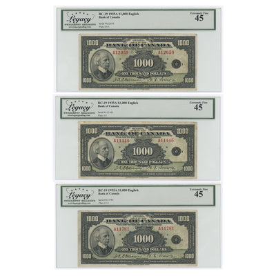 SOLD $1000 1935 Bank of Canada Notes English Text BC-19 - Set of 3 Legacy EF-45
