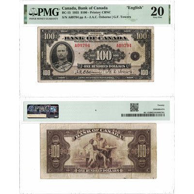 SOLD $100 1935 Bank of Canada Note English Text BC-15 - PMG VF-20