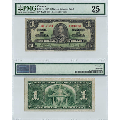 SOLD $1 1937 Bank of Canada Note J/A Narrow Panel BC-21b - PMG VF-25