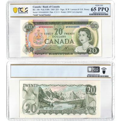 SOLD $20 1969 Bank of Canada Note WK Prefix BC-50b Solid Serial 4's - PCGS UNC-65 PPQ