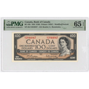 SOLD $100 1954 Bank of Canada Note Beattie-Rasminsky BC-43b - PMG Gem UNC-65 EPQ