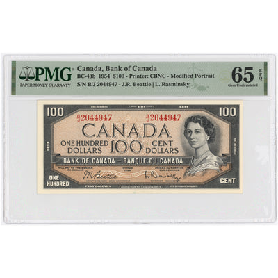 SOLD $100 1954 Bank of Canada Note Beattie-Rasminsky BC-43b - PMG Gem UNC-65 EPQ