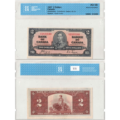 $2 1937 Bank of Canada Note Coyne-Towers C/R Prefix BC-22c - CCCS AU-58