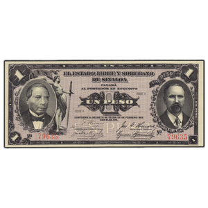 SOLD Mexico El Estate Libre Y Soberno De Sinaloa 1 Peso Note - AU
