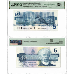 SOLD $5 1986 Bank of Canada Note GOY Prefix BC-56c - Offset Printing Error - PMG VF-35 EPQ