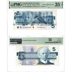 $5 1986 Bank of Canada Note GOY Prefix BC-56c - Offset Printing Error - PMG VF-35 EPQ
