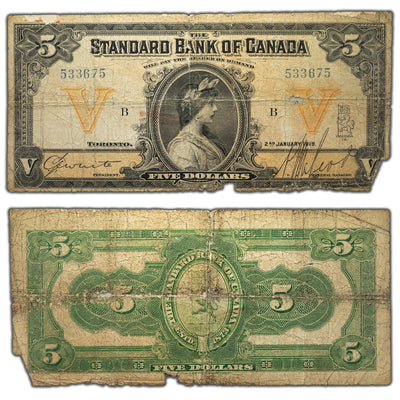 SOLD $5 1919 Standard Bank of Canada Chartered Note #695-18-12 - Damaged Filler