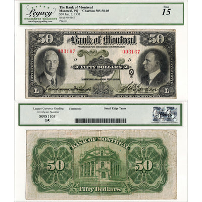 $50 1931 Bank of Montreal Canada Chartered Note #505-58-08 - Legacy F-15