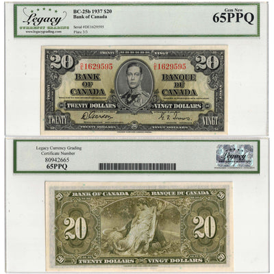 SOLD $20 1937 Bank of Canada Note Gordon-Towers D/E Prefix BC-25b - Legacy UNC-65 PPQ