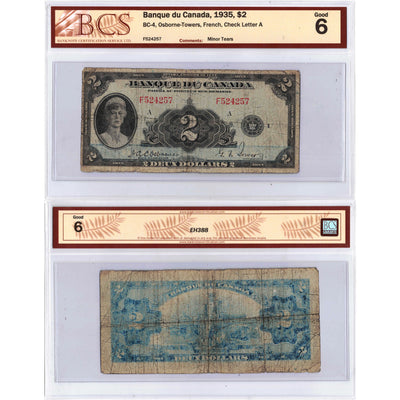 SOLD $2 1935 Banque du Canada French Text Note BC-4 - BCS G-6
