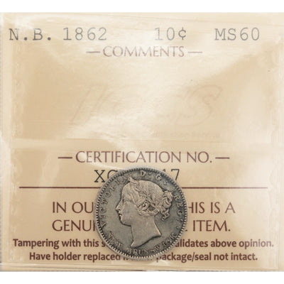 New Brunswick 1862 10 Cents Dime Silver Coin - ICCS MS-60