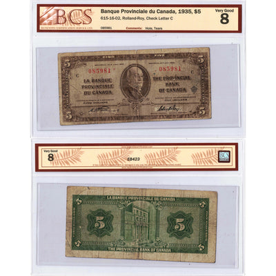 SOLD $5 1935 Banque Provinciale du Canada Chartered Note #615-16-02 - BCS VG-8