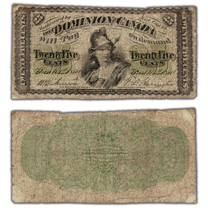 25 Cents 1870 Dominion of Canada Shinplaster Note Letter 'A' DC-1a - VG (pinholes)