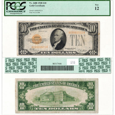 SOLD United States 1928 $10 Ten Dollars Gold Certificate Note Fr #2400 - PCGS F-12