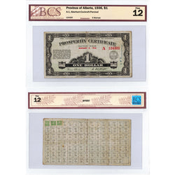 SOLD $1 1936 Province of Alberta Prosperity Certificate Note 3 Stamps A-1 - BCS F-12