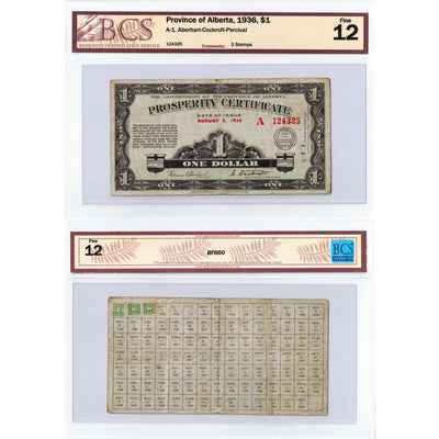 SOLD $1 1936 Province of Alberta Prosperity Certificate Note 3 Stamps A-1 - BCS F-12