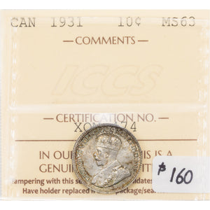 SOLD Canada 1931 10 Cents Dime Silver Coin - ICCS MS-63