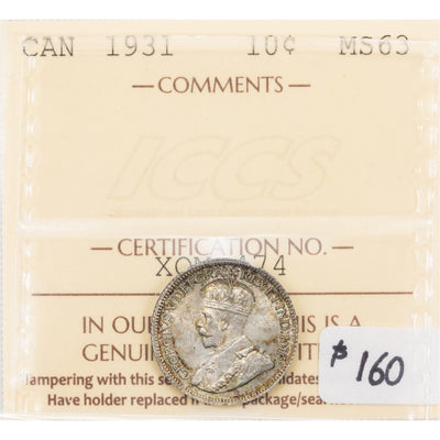 SOLD Canada 1931 10 Cents Dime Silver Coin - ICCS MS-63