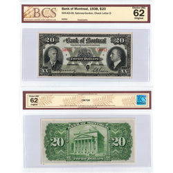 $20 1938 Bank of Montreal Canada Chartered Note #505-62-06 - BCS UNC-62