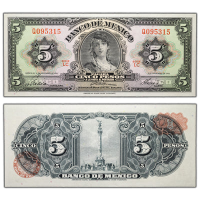 SOLD Mexico 1961 5 Pesos Note P #60g - EF+