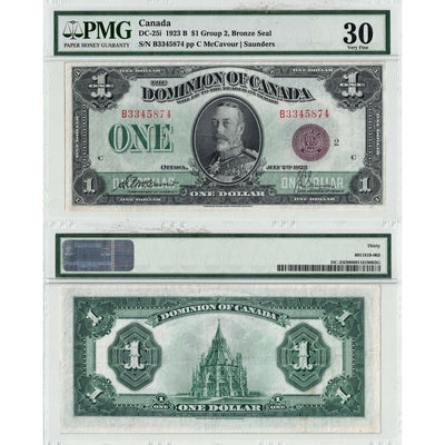 SOLD $1 1923 Dominion of Canada Note Bronze Seal  Series B DC-25i - PMG VF-30