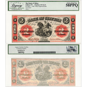 SOLD $2 1861 Bank of Clifton Chartered Note #125-12-12 - Legacy AU-58 PPQ