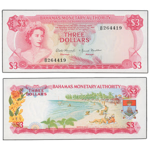 SOLD Bahamas 1968 $3 Three Dollars Note P #28a - AU+