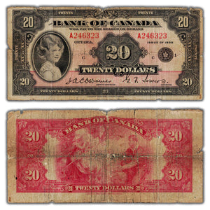 SOLD $20 1935 Bank of Canada Note English Text Small Seal BC-9b - Damaged