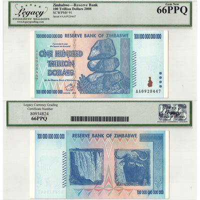 SOLD Zimbabwe 2008 100 Trillion Dollars Note P #91 - Legacy Gem UNC-66 PPQ