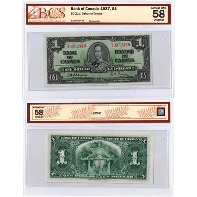 SOLD $1 1937 Bank of Canada Note Osborne Signature BC-21a - BCS AU-58