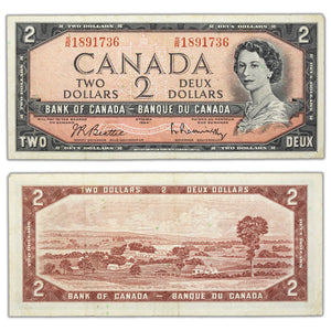 SOLD $2 1954 Bank of Canada Note Beattie-Rasminsky S/R Test Prefix BC-38bT - F/VF
