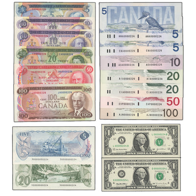 SOLD Canada & United States Low Serial #224 Matching Banknote Set of 17