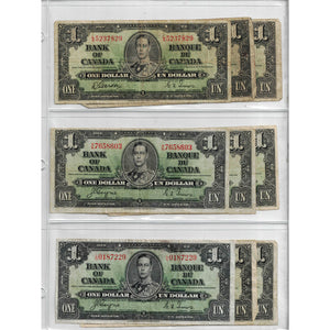 SOLD Lot of 9 $1 1937 Bank of Canada Notes - All Circulated Grades