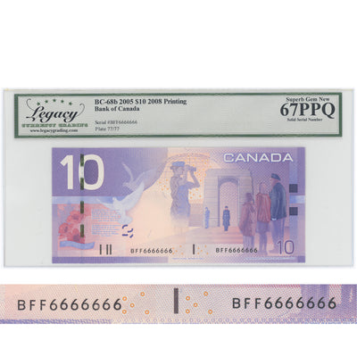 SOLD $10 2008 Bank of Canada Note BC-68b Solid Serial 6666666 - Legacy UNC-67 PPQ