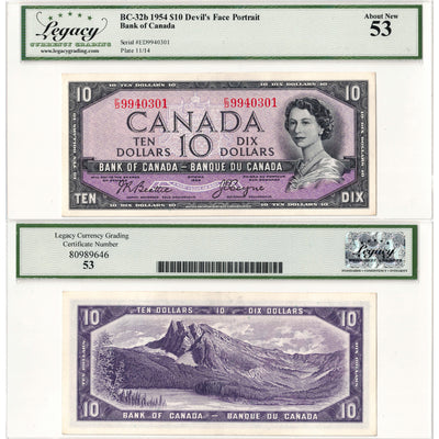 $10 1954 Bank of Canada Note Devil Face E/D Prefix BC-32b - Legacy AU-53