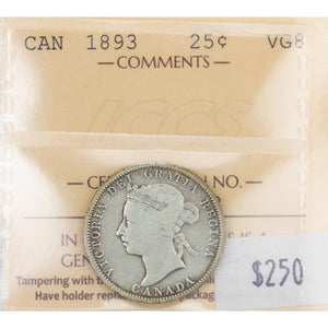 SOLD Canada 1893 25 Cents Quarter Silver Coin - Key Date - ICCS VG-8