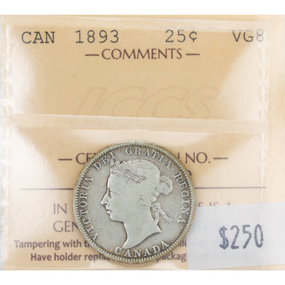 SOLD Canada 1893 25 Cents Quarter Silver Coin - Key Date - ICCS VG-8