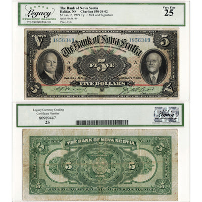 SOLD $5 1929 Bank of Nova Scotia Canada Chartered Note #550-34-02 - Legacy VF-25