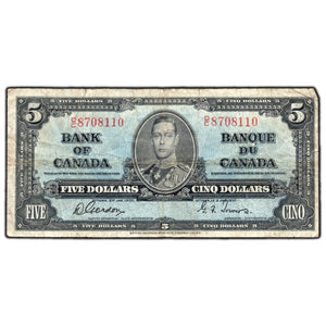 SOLD $5 1937 Bank of Canada Note Gordon-Towers O/C Prefix BC-23b - Small Tear
