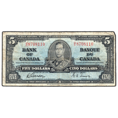 SOLD $5 1937 Bank of Canada Note Gordon-Towers O/C Prefix BC-23b - Small Tear