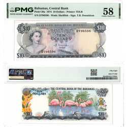 Bahamas 1974 $10 Ten Dollars Note P #38a - AU-58