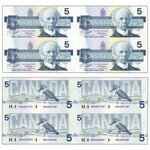 $5 1986 Bank of Canada Notes Uncut Block of 4 - Uncirculated