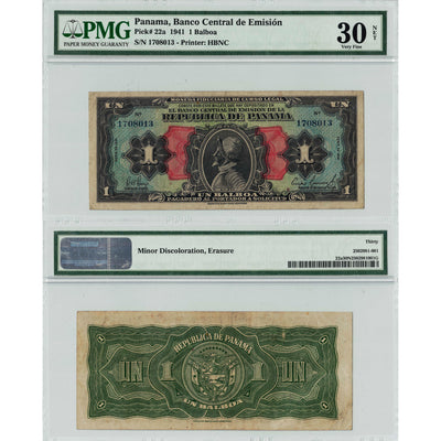 Panama 1941 1 One Balboa Note P #22a - PMG VF-30 Net