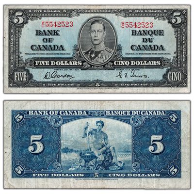 $5 1937 Bank of Canada Note Gordon-Towers W/C Prefix BC-23b - F/VF
