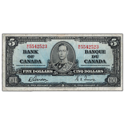 $5 1937 Bank of Canada Note Gordon-Towers W/C Prefix BC-23b - F/VF