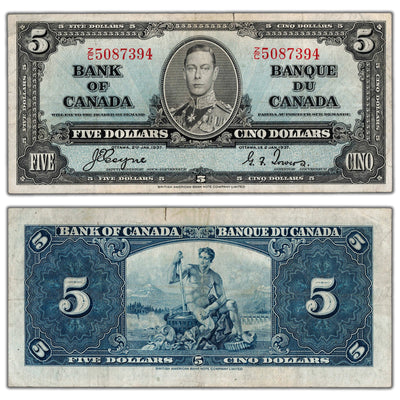 $5 1937 Bank of Canada Note Coyne-Towers Z/C Prefix BC-23c - VF (tear)