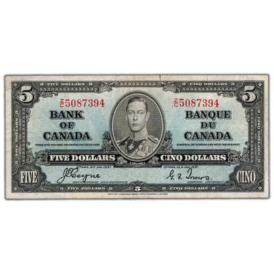 $5 1937 Bank of Canada Note Coyne-Towers Z/C Prefix BC-23c - VF (tear)
