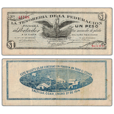 Mexico La Tesoreria De La Federazioni 1914 1 One Peso Note